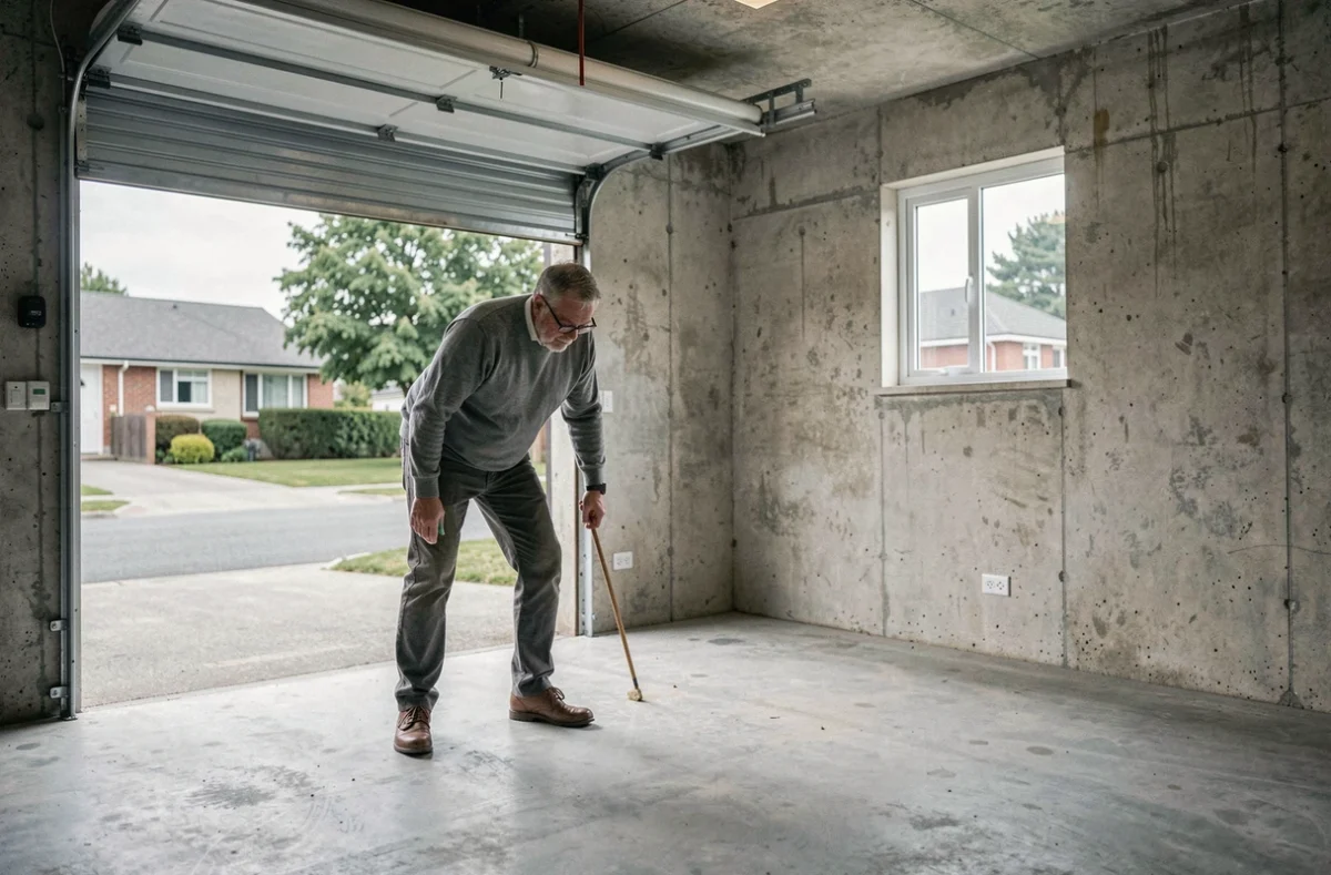 Homme inspectant le garage d'une maison mitoyenne avant de négocier le prix d'achat