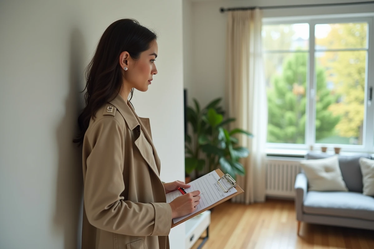 Femme inspectant un mur peint dans un intérieur moderne