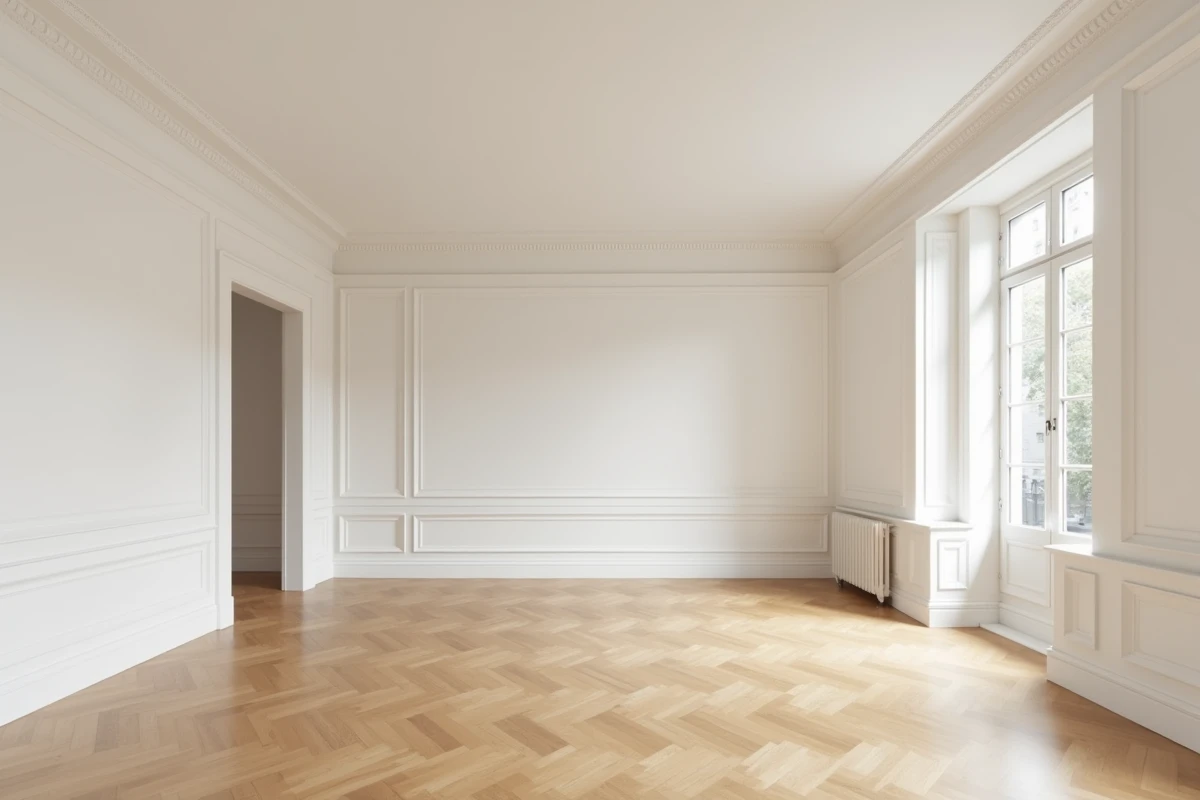 Intérieur d'un appartement T3 vide avec deux chambres visibles et séjour spacieux
