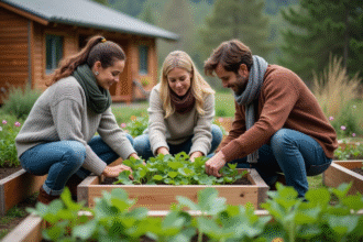 Groupe d'adultes jardinant dans un eco-habitat