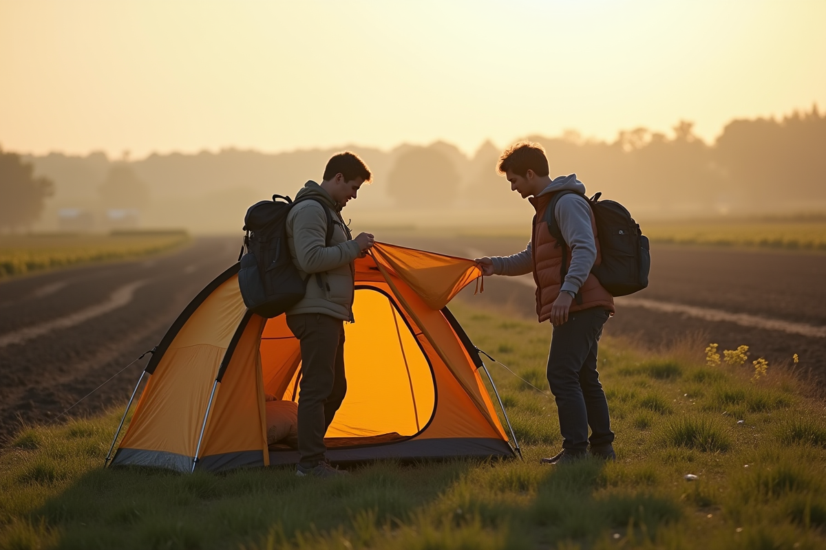 Jeune couple installant une tente au lever du jour dans un champ rural