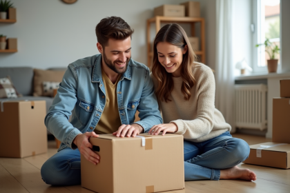 Jeune couple emballant des cartons dans un appartement lumineux