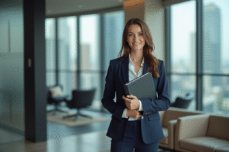 Jeune femme en costume dans un bureau moderne avec diplôme