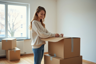 Jeune femme emballant une boîte en carton dans un salon lumineux