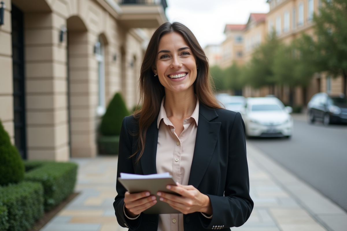 Jeune femme souriante devant un bâtiment résidentiel en ville