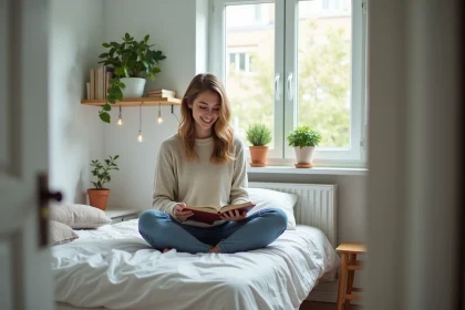 Jeune femme lisant dans une chambre lumineuse et cosy