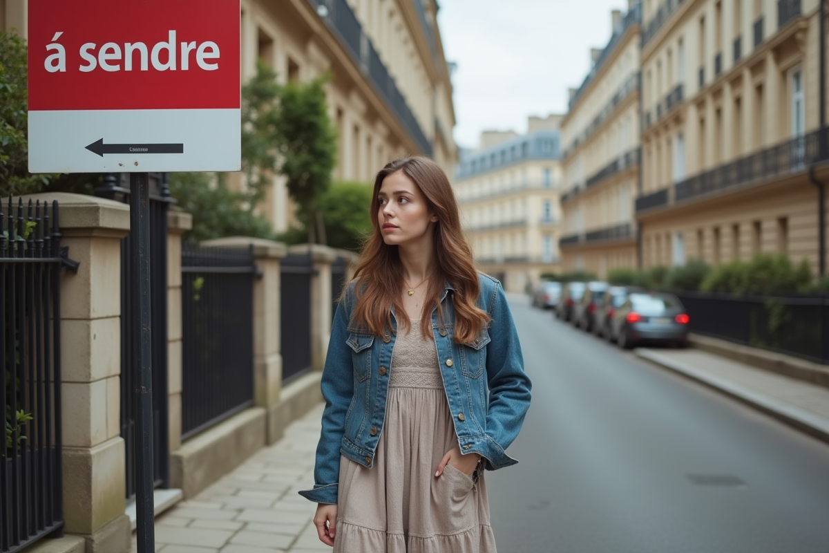 Jeune femme regardant des panneaux à vendre devant des maisons parisiennes