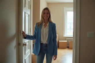 Jeune femme ouvre la porte d'un appartement en ville