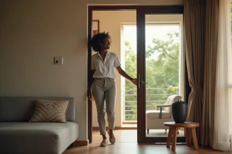 Jeune femme africaine souriante dans un appartement moderne