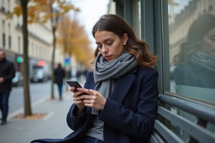 Jeune femme assise &agrave; un arr&ecirc;t de bus parisien en automne