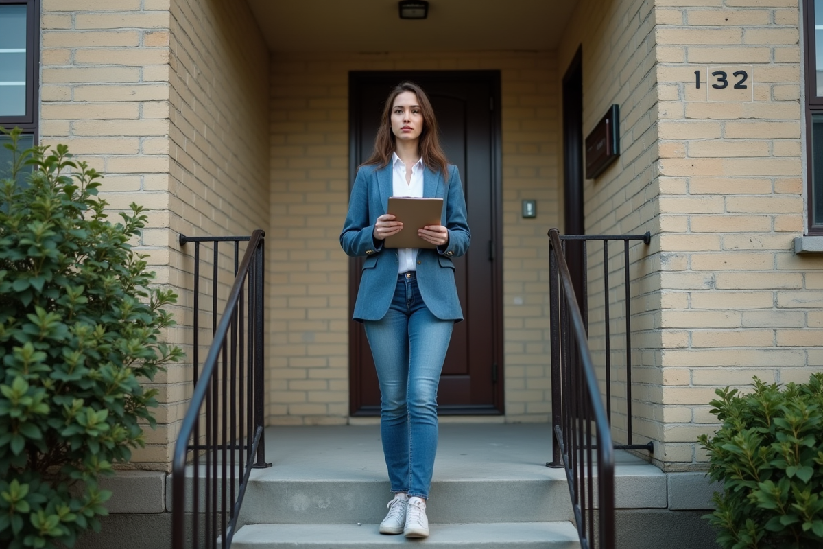 Jeune femme devant immeuble vacant avec tablette et clipboard