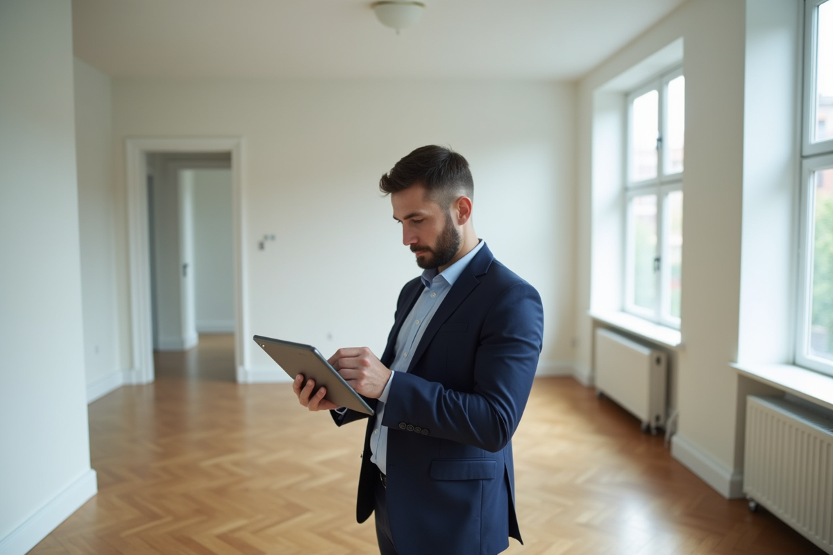 Jeune homme consultant tablette dans appartement vide