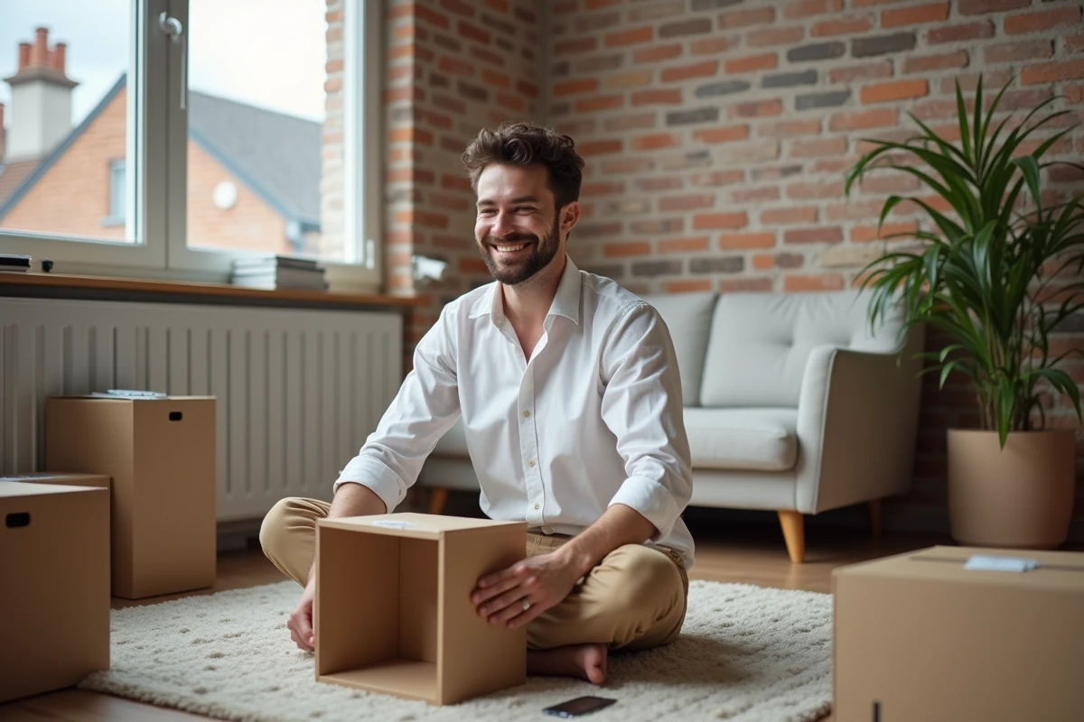 Jeune homme assemble une petite biblioth&egrave;que dans son studio