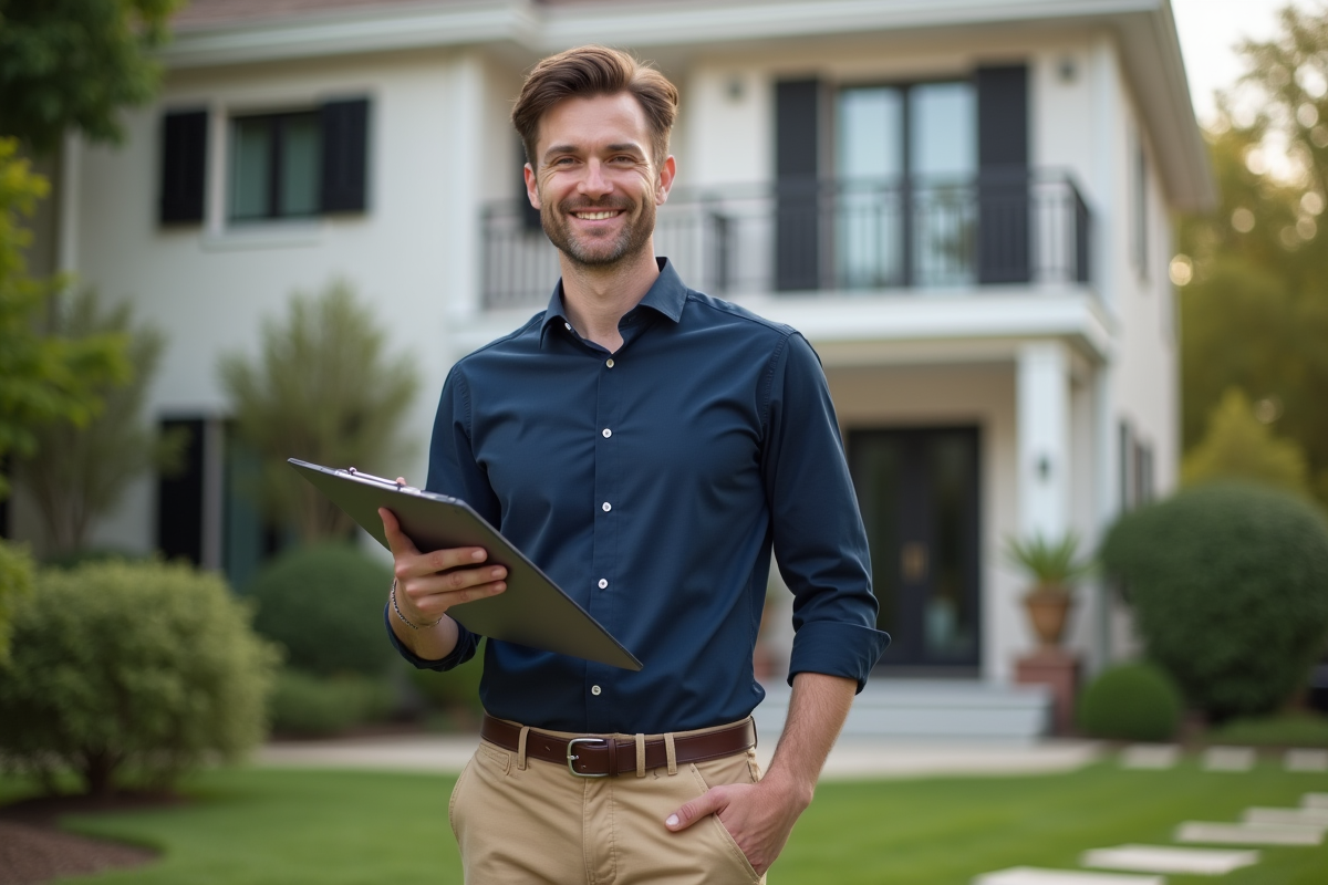 Jeune homme confiant devant une maison de banlieue