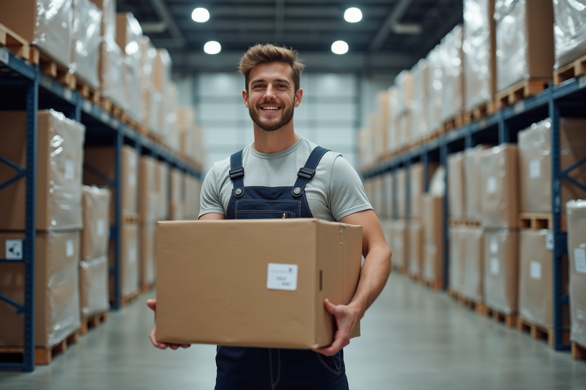 Jeune homme rangeant des meubles emballés dans un entrepôt