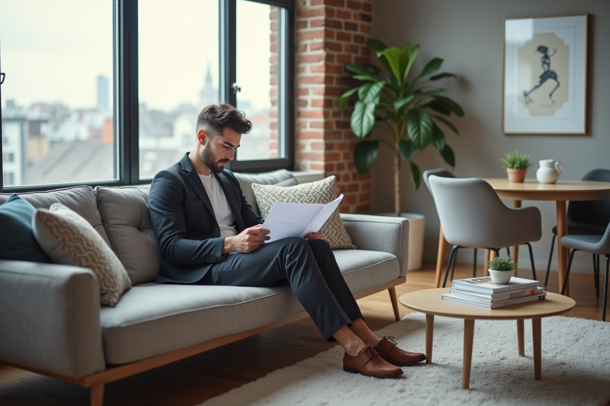 Jeune homme lisant documents dans appartement moderne