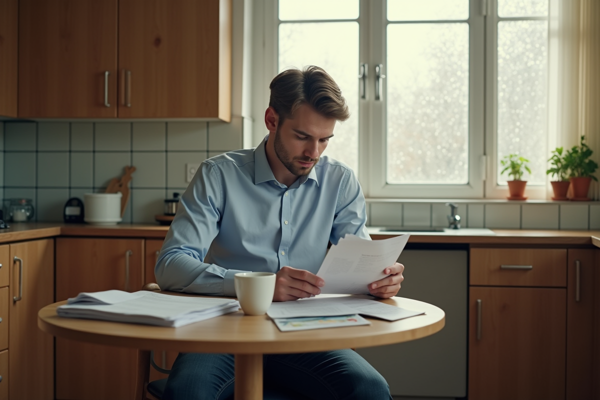 Jeune homme lisant un brochure dans la cuisine