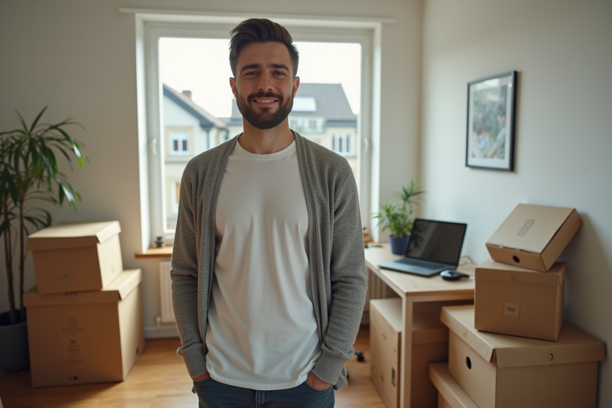 Jeune homme dans un bureau à domicile avec cartons et ordinateur