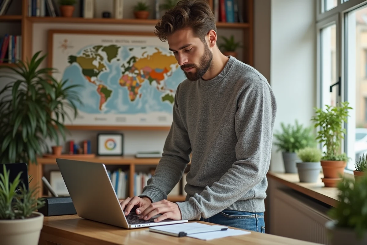 Jeune homme en t&eacute;l&eacute;travail v&eacute;rifiant ses imp&ocirc;ts dans un bureau &agrave; domicile