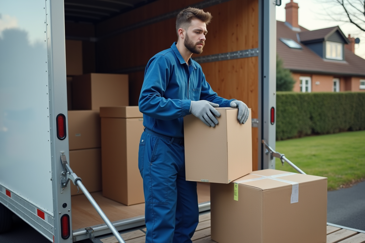 Jeune homme en uniforme chargeant un camion de déménagement