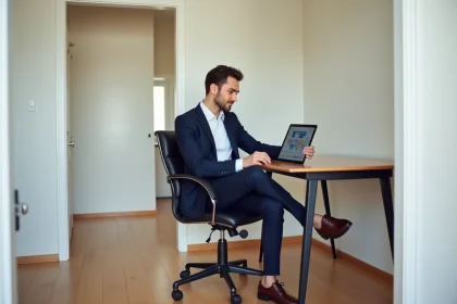 Jeune homme en costume utilisant une tablette dans un appartement neuf