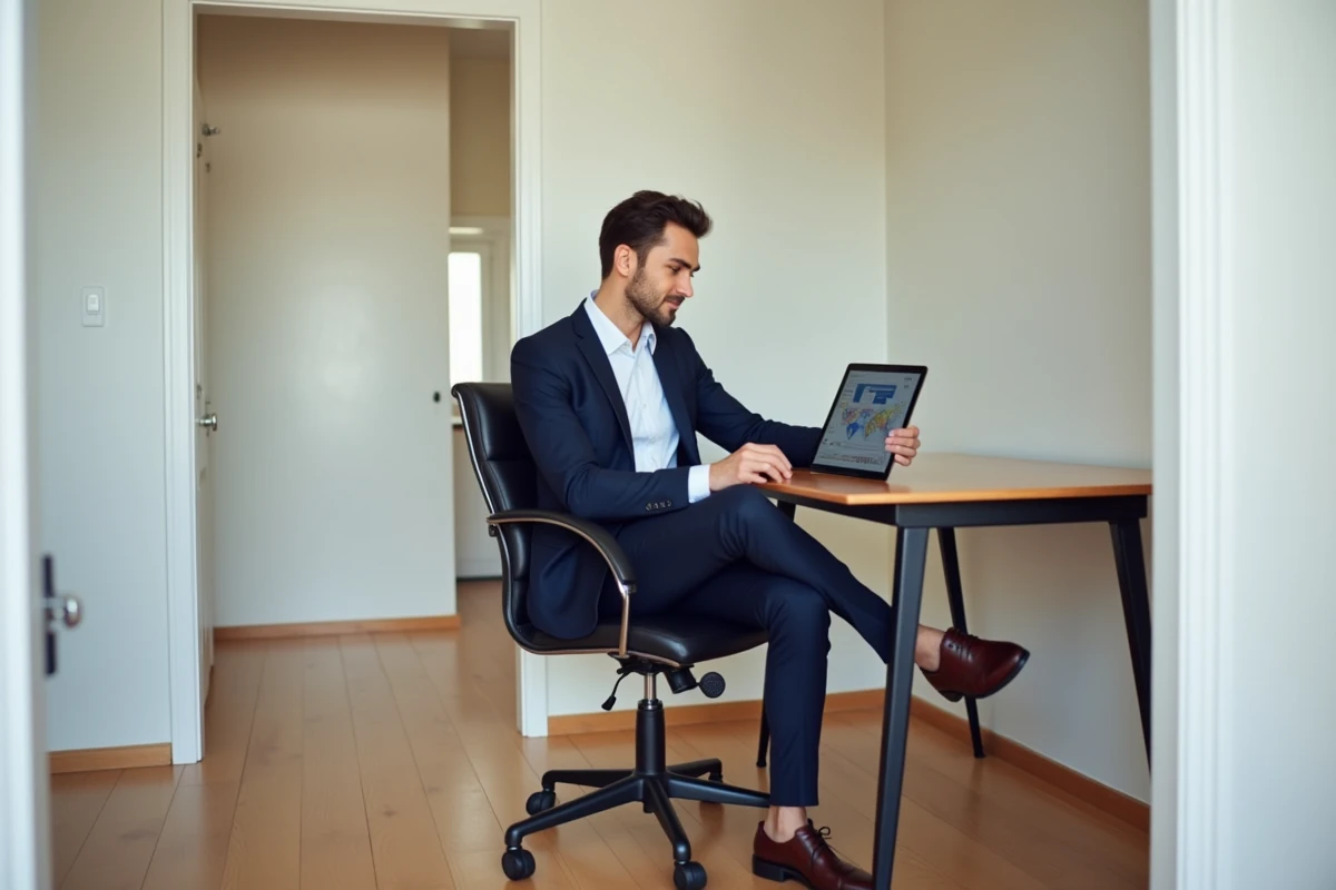 Jeune homme en costume utilisant une tablette dans un appartement neuf