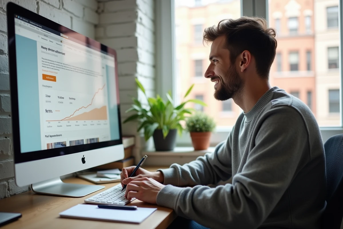 Jeune propriétaire utilisant un outil d'estimation immobilière en ligne sur ordinateur pour préparer la vente de son appartement