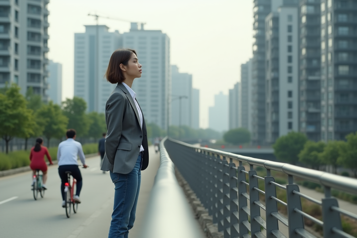 Jeune urbaniste regardant la ville depuis un pont urbain