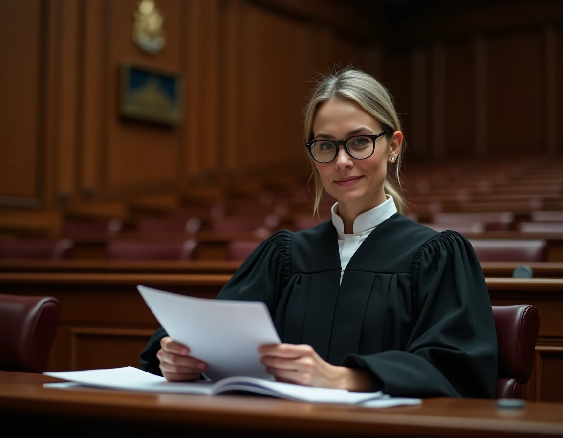 Juge en salle d'audience examinant un dossier de référé préventif dans un tribunal français