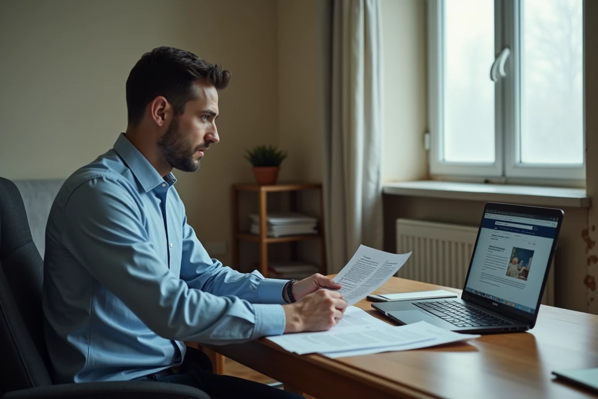 Locataire consultant des documents légaux sur son ordinateur dans un appartement aux signes d'humidité visibles