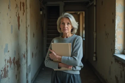 Locataire tenant des documents juridiques dans un couloir d'immeuble insalubre aux murs détériorés