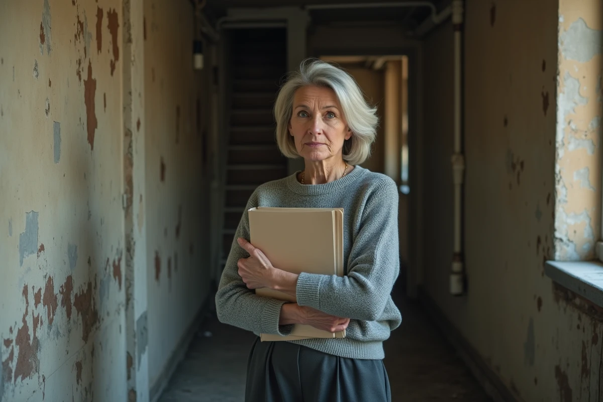 Locataire tenant des documents juridiques dans un couloir d'immeuble insalubre aux murs détériorés