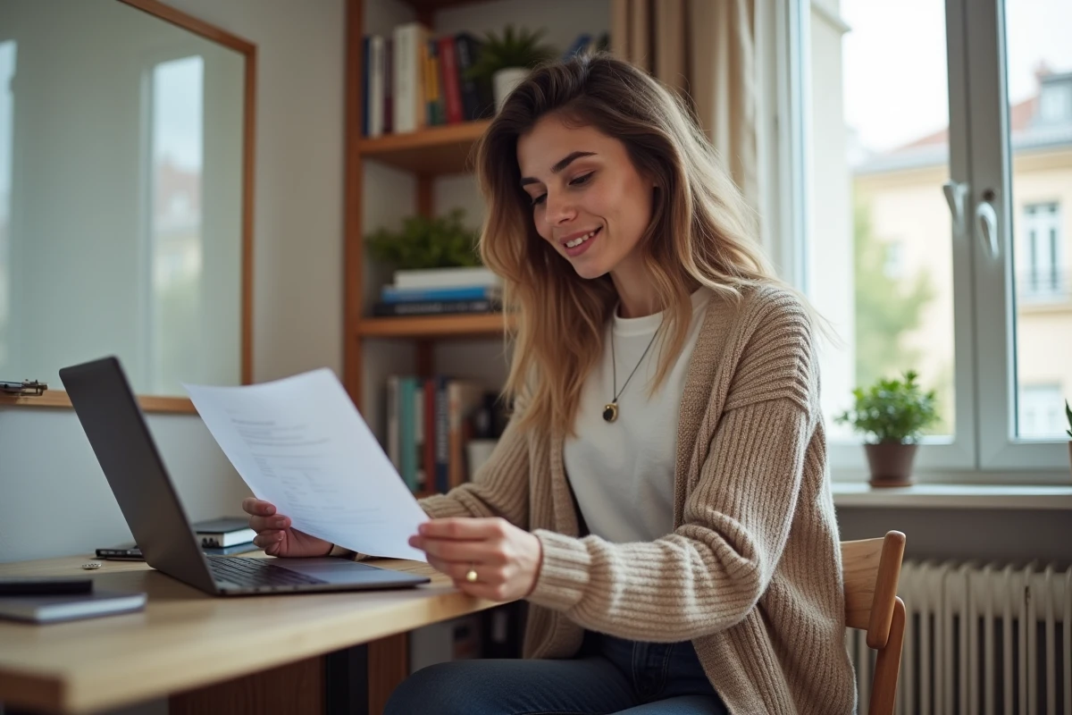Jeune femme locataire consultant un contrat de location dans un studio abordable &agrave; La Roche-sur-Yon