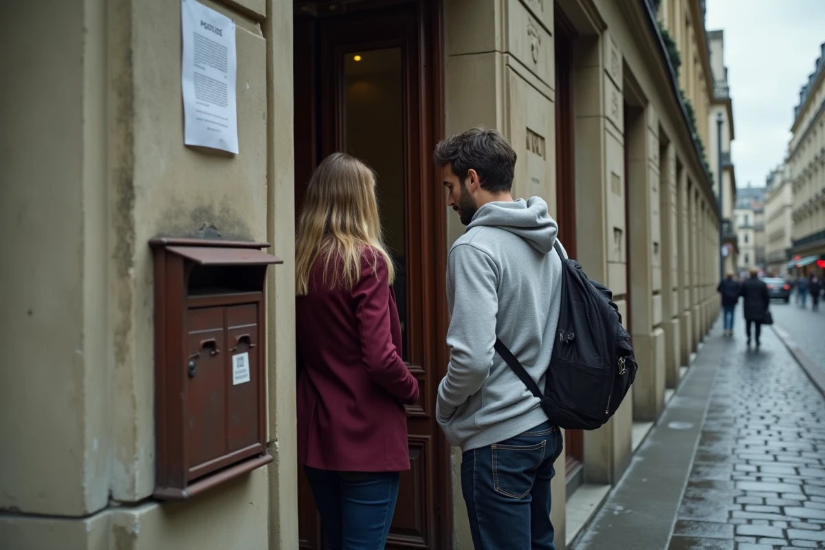 Deux locataires examinant un avis affiché sur la porte d'un immeuble vétuste au style haussmannien