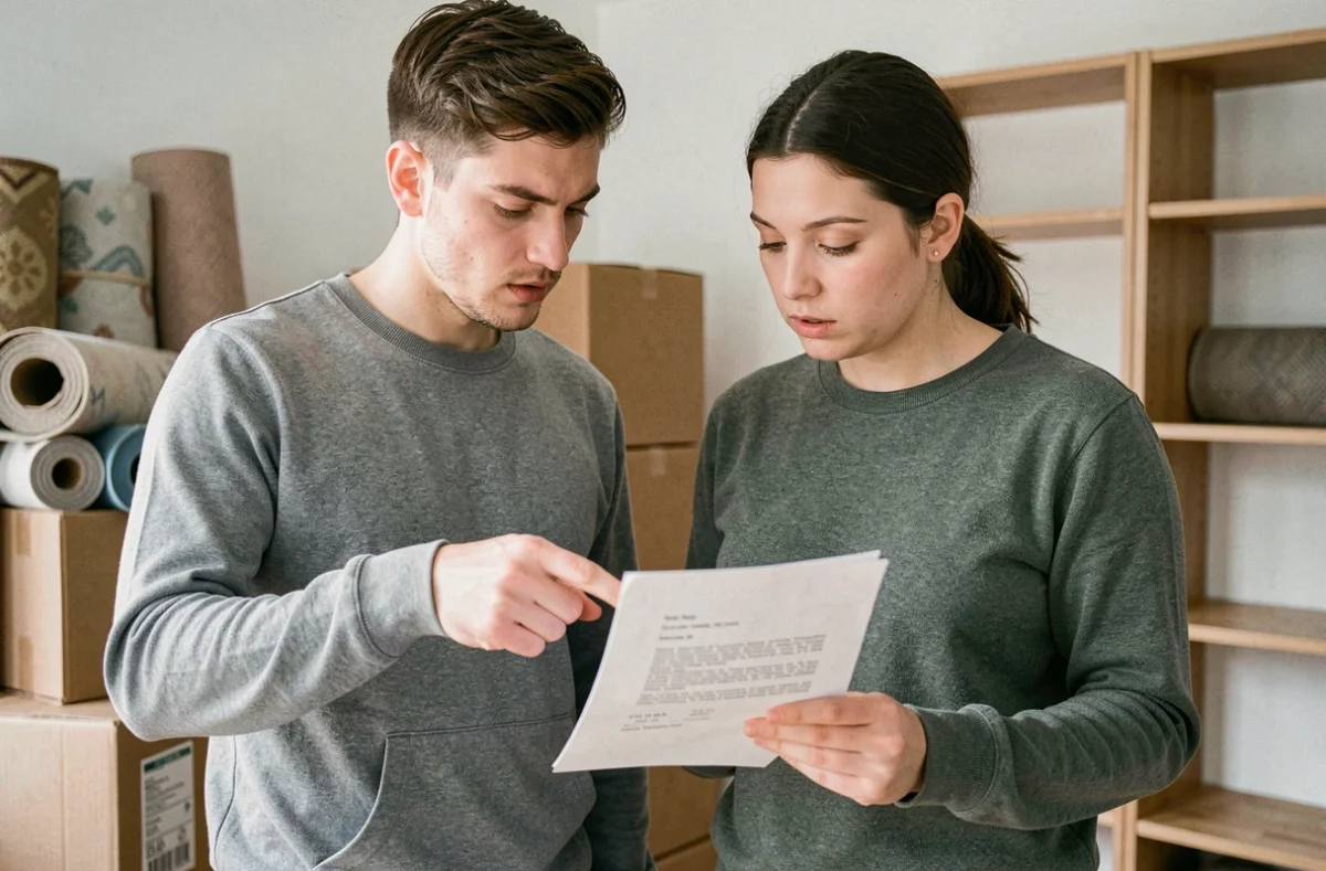 Couple de locataires relisant leur contrat de location avant remise des clés et état des lieux