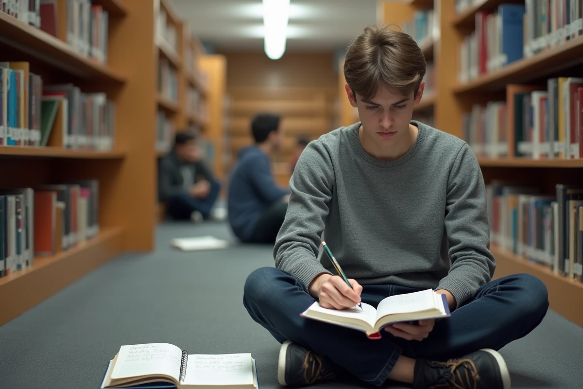 Lycéen étudiant des formules de conversion ares en mètres carrés dans une bibliothèque scolaire avec un manuel de mathématiques ouvert