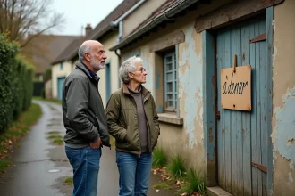 Couple examinant une maison à donner gratuitement dans un village rural français avec panneau À donner sur le portail