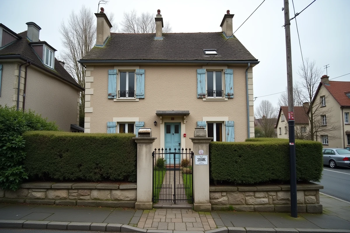 Façade d'une maison familiale française en indivision successorale avec panneau à vendre et jardin à l'abandon