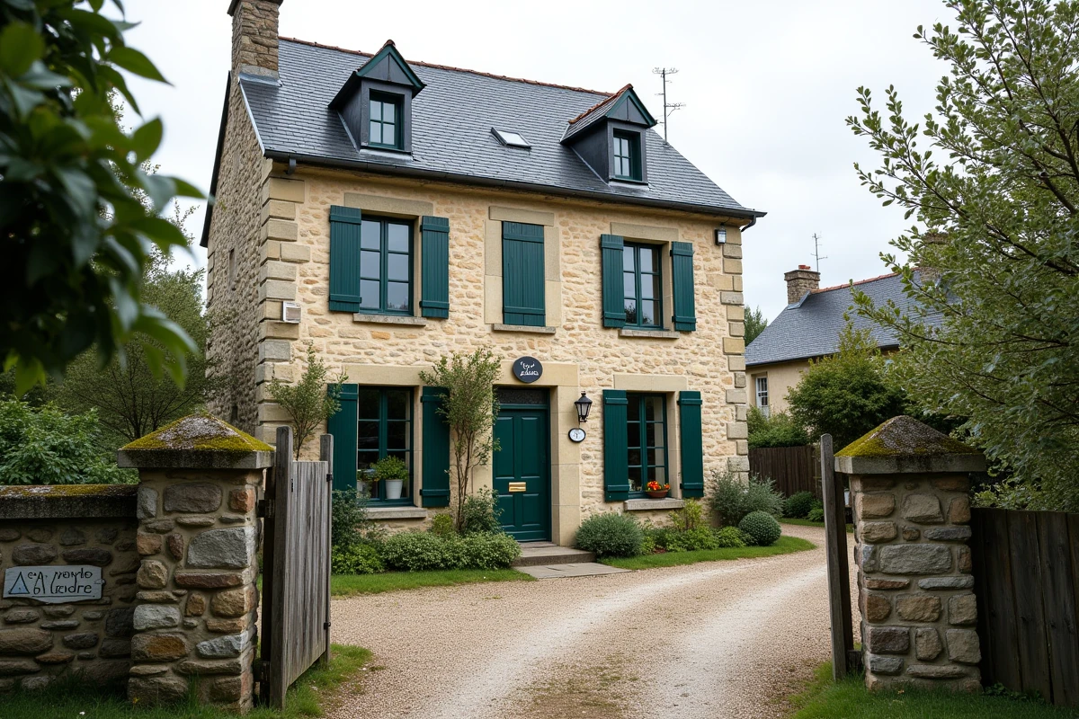 Maison normande en pierre à vendre avec panneau immobilier dans un village du Calvados