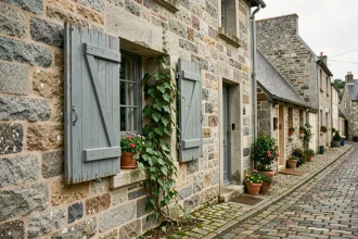Façade d'une maison en pierre de granit traditionnelle dans un village breton avec volets en bois bleu ardoise et rue pavée