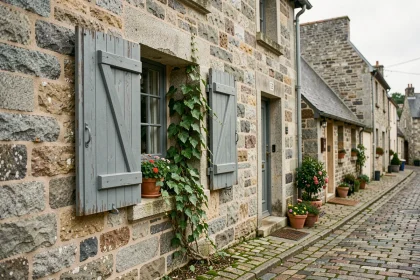 Façade d'une maison en pierre de granit traditionnelle dans un village breton avec volets en bois bleu ardoise et rue pavée