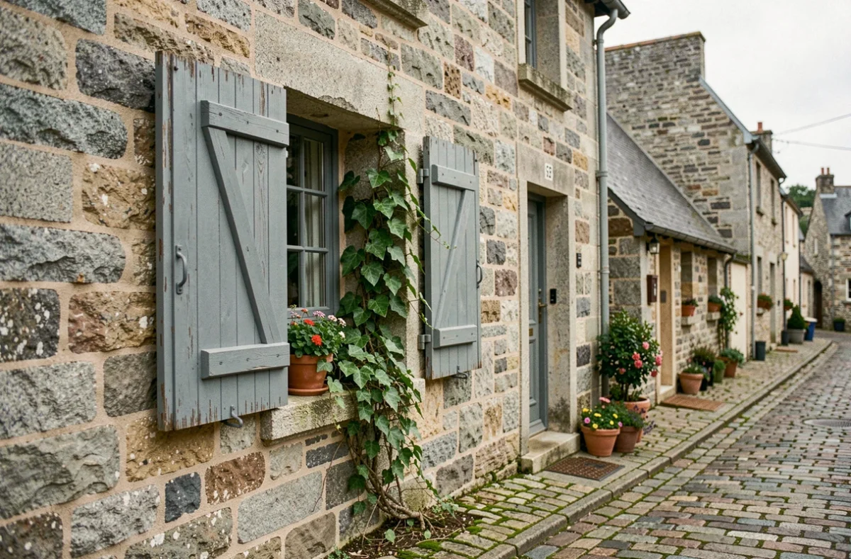 Façade d'une maison en pierre de granit traditionnelle dans un village breton avec volets en bois bleu ardoise et rue pavée