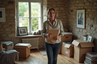 Femme tenant des documents immobiliers dans le salon d'une maison à vendre en Morbihan lors d'un divorce