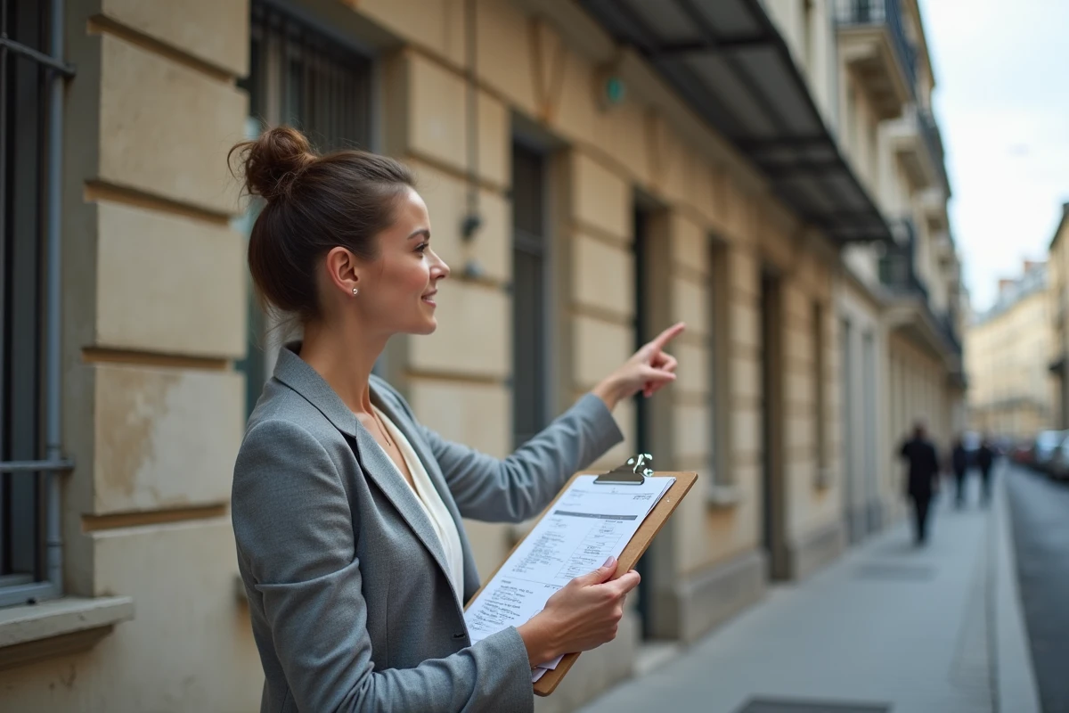 Marchande de biens devant un immeuble en rénovation à Paris tenant un dossier financier, représentant l'activité d'achat-revente soumise à la TVA