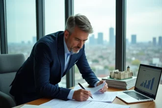 Marchand de biens analysant des documents fiscaux et financiers dans un bureau professionnel avec vue sur la ville