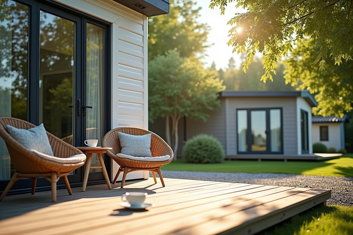 Mobil home moderne dans un camping français avec terrasse en bois et chaises en osier, idéal pour investissement LMNP