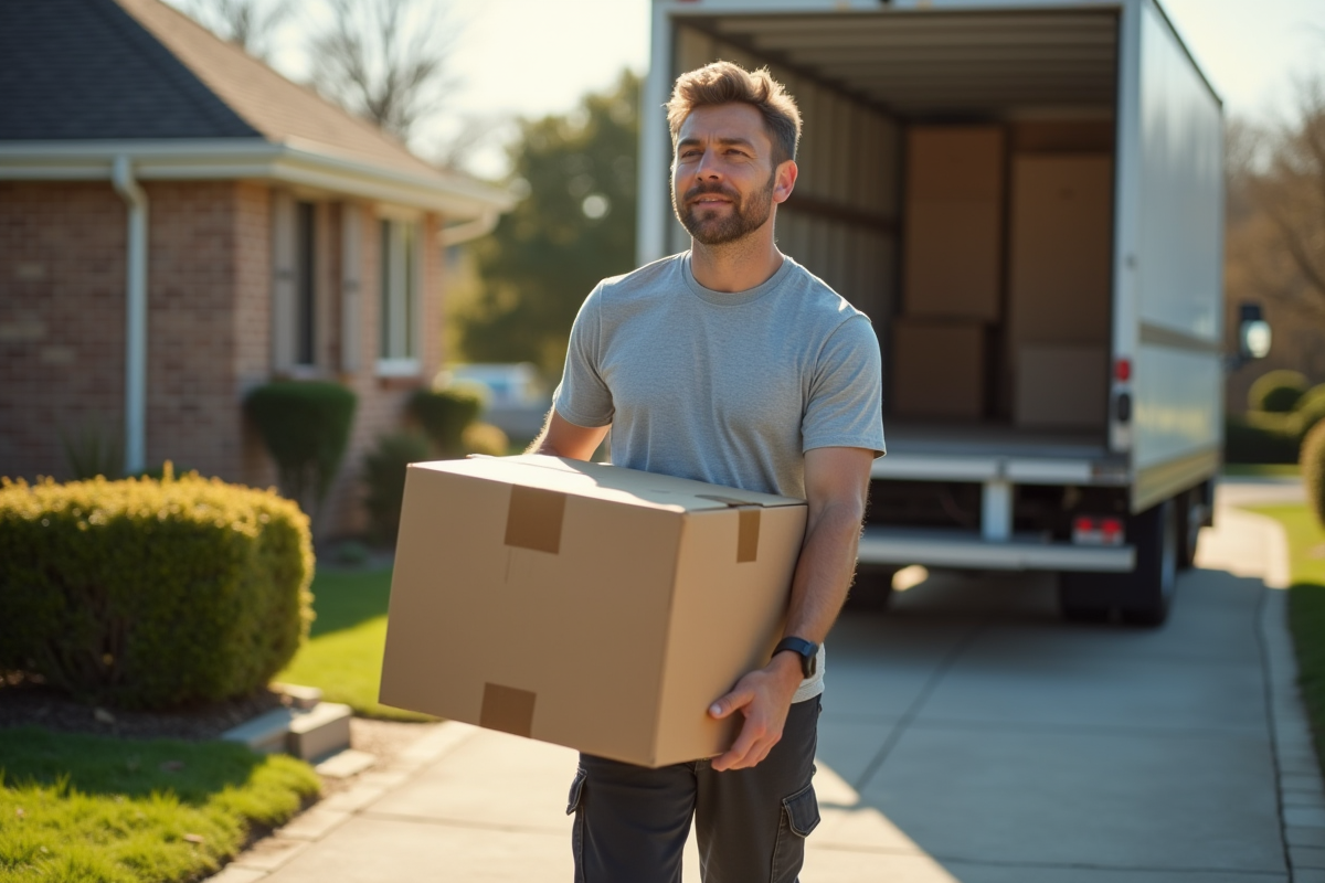 Agent de déménagement portant une grande boîte devant une maison