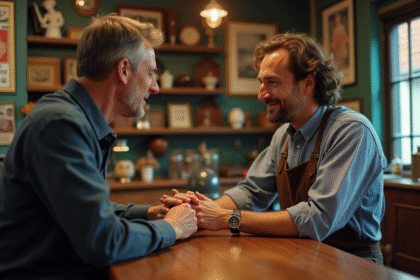 Homme d'affaires discutant avec un vendeur dans une boutique d'antiquités