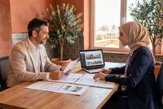 Négociation du prix d'un appartement à Marrakech entre un acheteur et une agente immobilière dans une agence moderne avec décor marocain