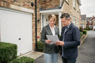 Couple négociant le prix d'une maison mitoyenne avec garage en consultant des documents devant la façade